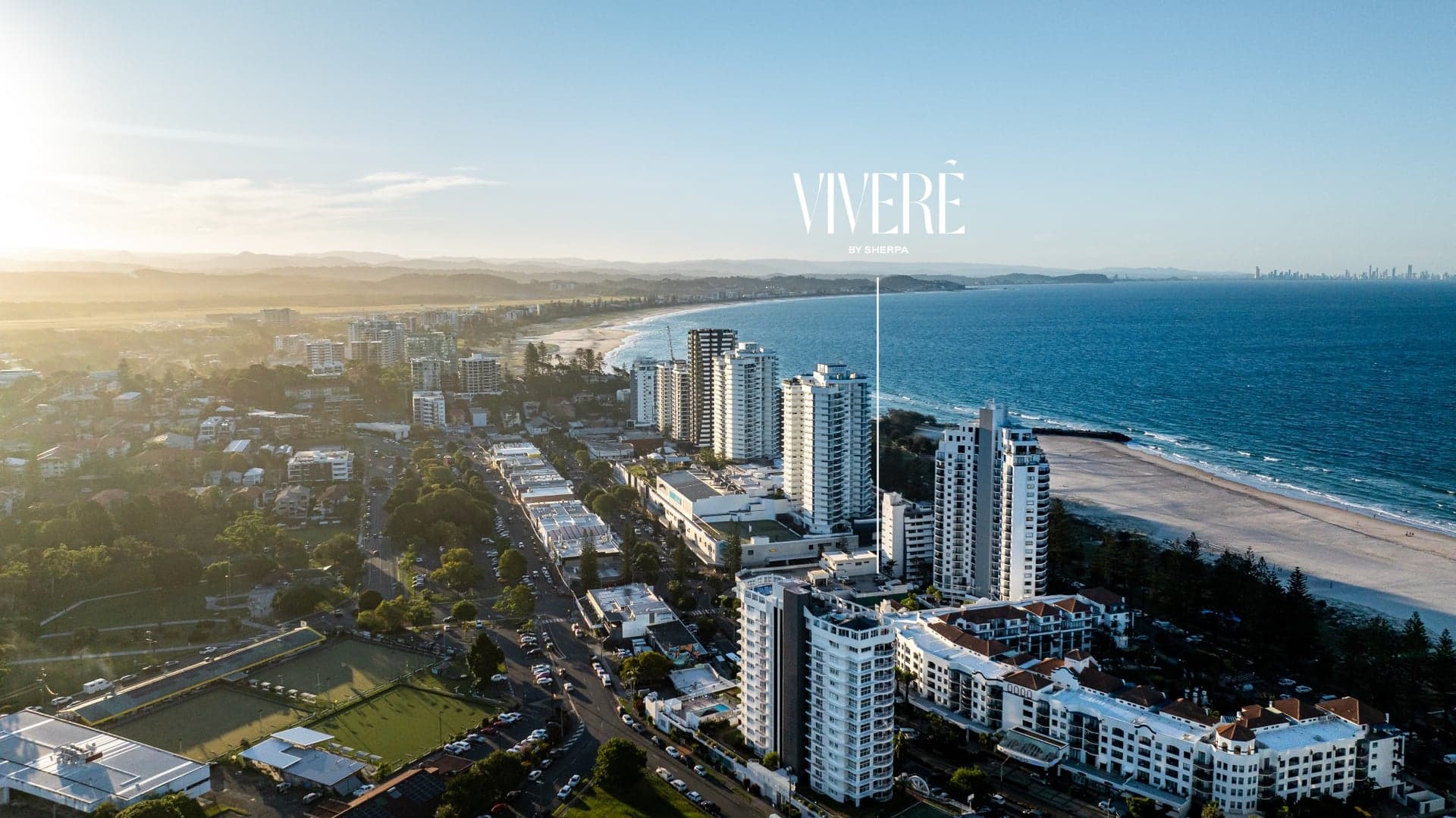 Coolangatta from the air, with the beach and the Vivere site